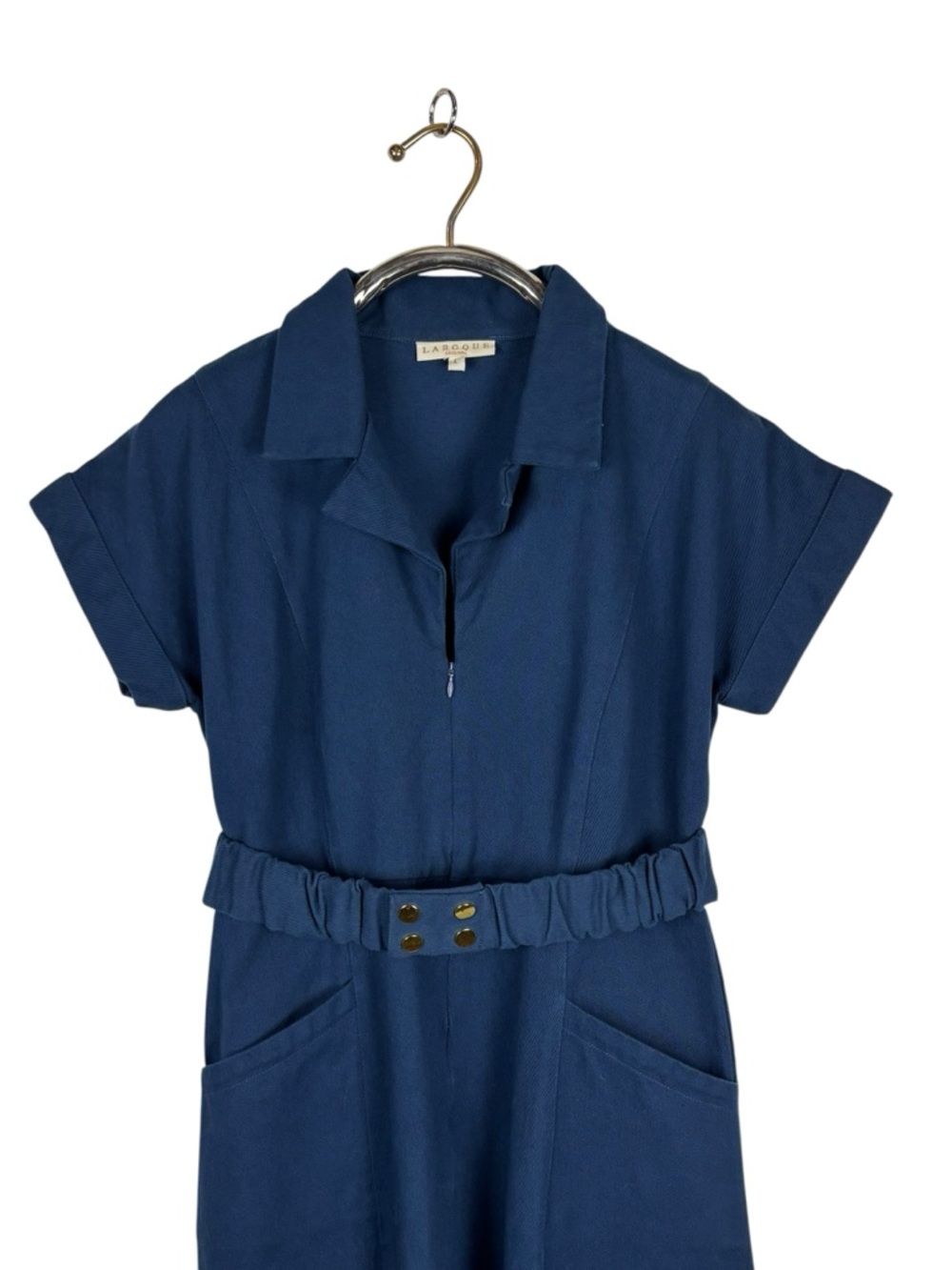 LAROQUE ALY BLUE COTTON TWILL COLLARED BELTED SHORT SLEEVE MIDI DRESS - Picture 6 of 16